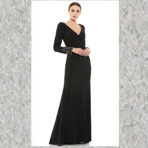 Mac Duggal V-Neck Gown with Beaded Cuffs Black Gown Dress
